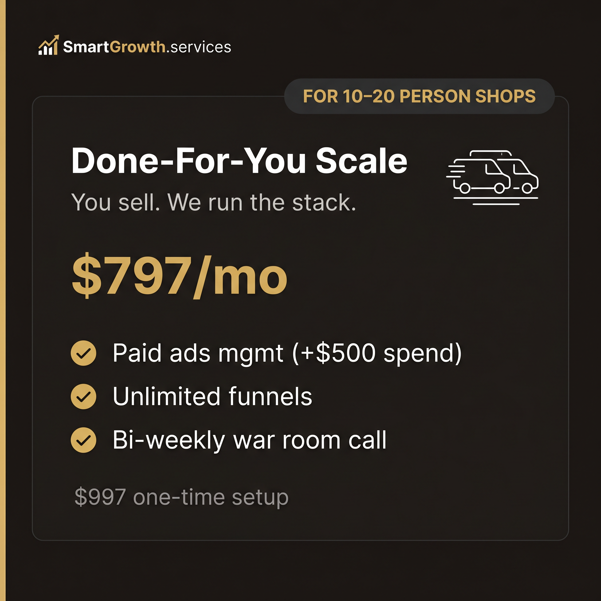 Smart Growth Scale Done-For-You plan, $797/mo for 10-20 person Texas service shops